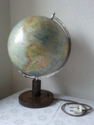 Großer Alter Globus Columbus Erdkugel Aus Glas Mit Holzfuß,  33cm,  Beleuchtet (2) Bild