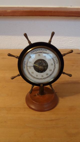 Altes Barometer - Steuerrad - 50er - 60er - Teak - Messing - Bronze Bild
