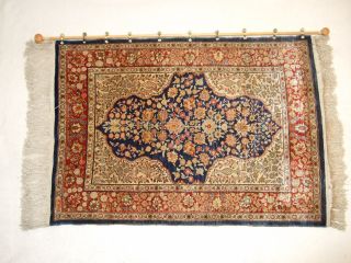 Alter Handgeknüpfter Wand Seiden Teppich Orient Perser Teppich 100x72 Cm Top Bild