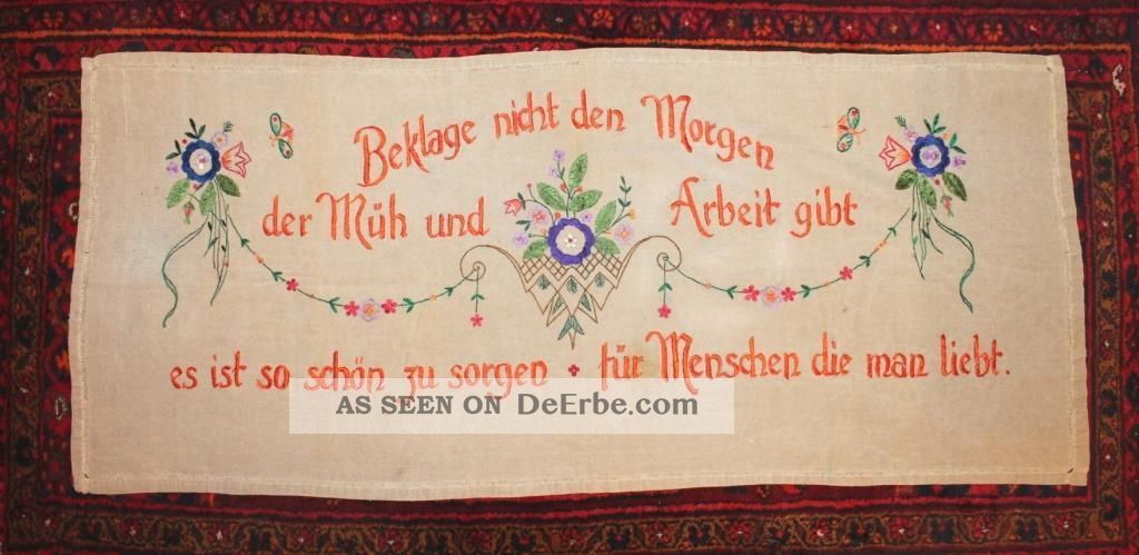Toller Alter Wandbehang Auf Bauernleinen,  Um 1880 (leinendecke),  Mit Schriftzug Textilien & Weißwäsche Bild