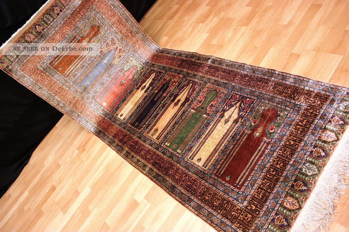 Antiker Seidenteppich Kayseri Seide Teppich Gebetsmotiv Top Silk Seta 225x85cm Teppiche & Flachgewebe Bild