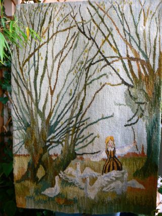 Wandteppich Gobelin Kelim Gänseliesel - Motiv 118x69 Handgewebt Wolle Bild