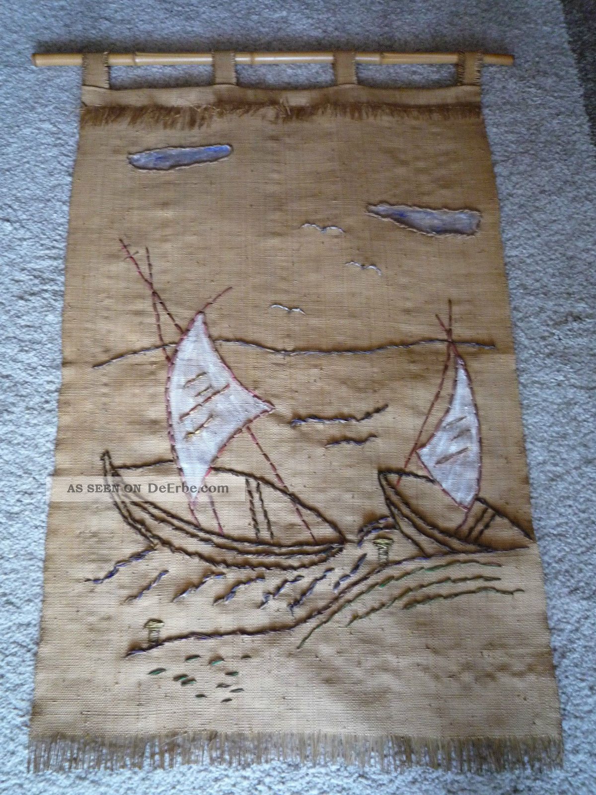 50/60jahre Wandbehang/teppich Bast Handarbeit Segelboot Maritim Vintage Teppiche & Flachgewebe Bild