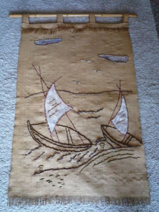 50/60jahre Wandbehang/teppich Bast Handarbeit Segelboot Maritim Vintage Bild