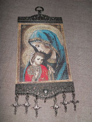 Klingelzug Gobelin Maria Jesuskind 6 Kreuze Gold Stickerei Religiös Halterung Mp Bild
