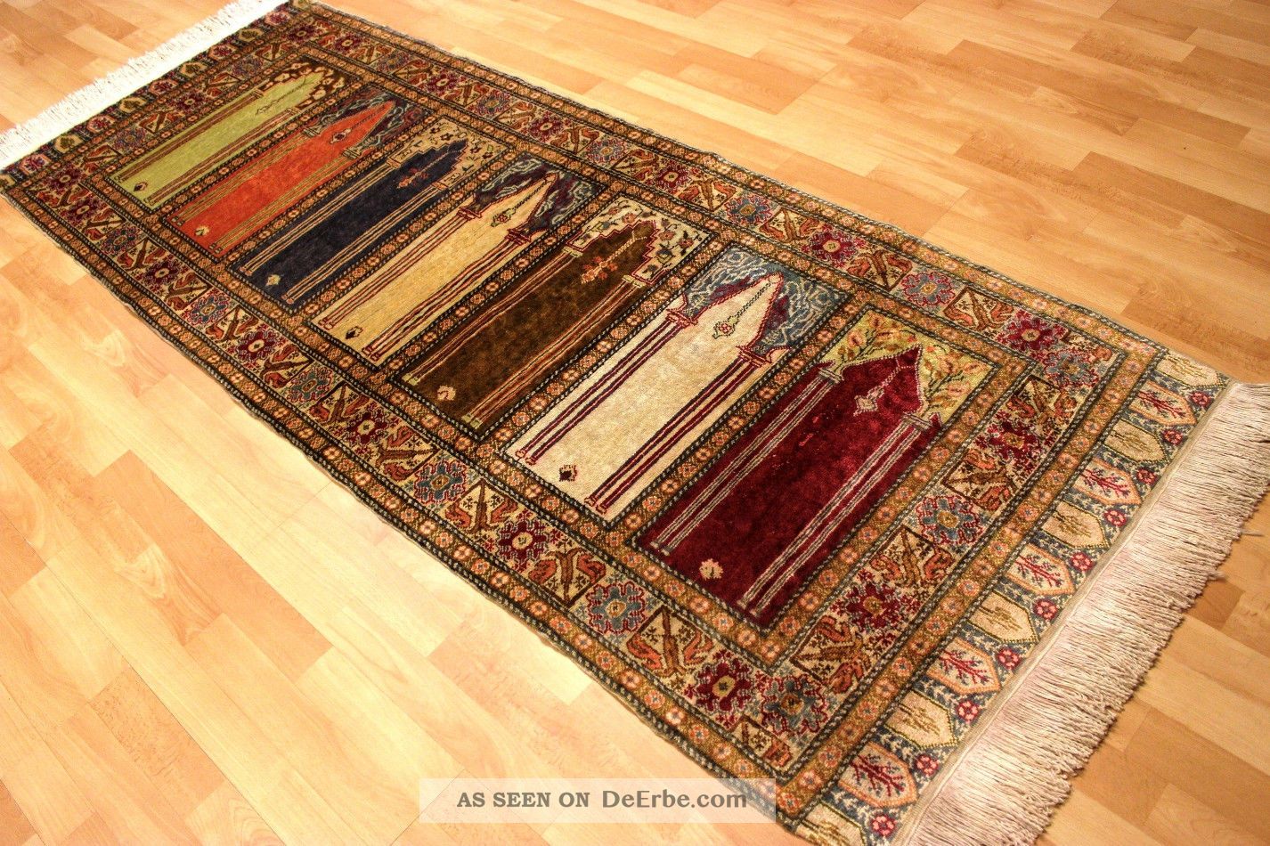 Antiker Seidenteppich Kayseri Seide Teppich Gebetsmotiv Top Silk Seta 220x85cm Teppiche & Flachgewebe Bild