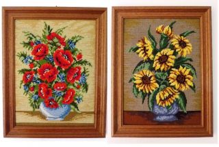 2 Gobelinbilder Mohnblumen / Sonnenblumen Bild