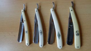 4 Rasiermesser,  Klingenätzung & Metalleinlegearbeiten Im Griff,  Weißer Bakalitt Bild