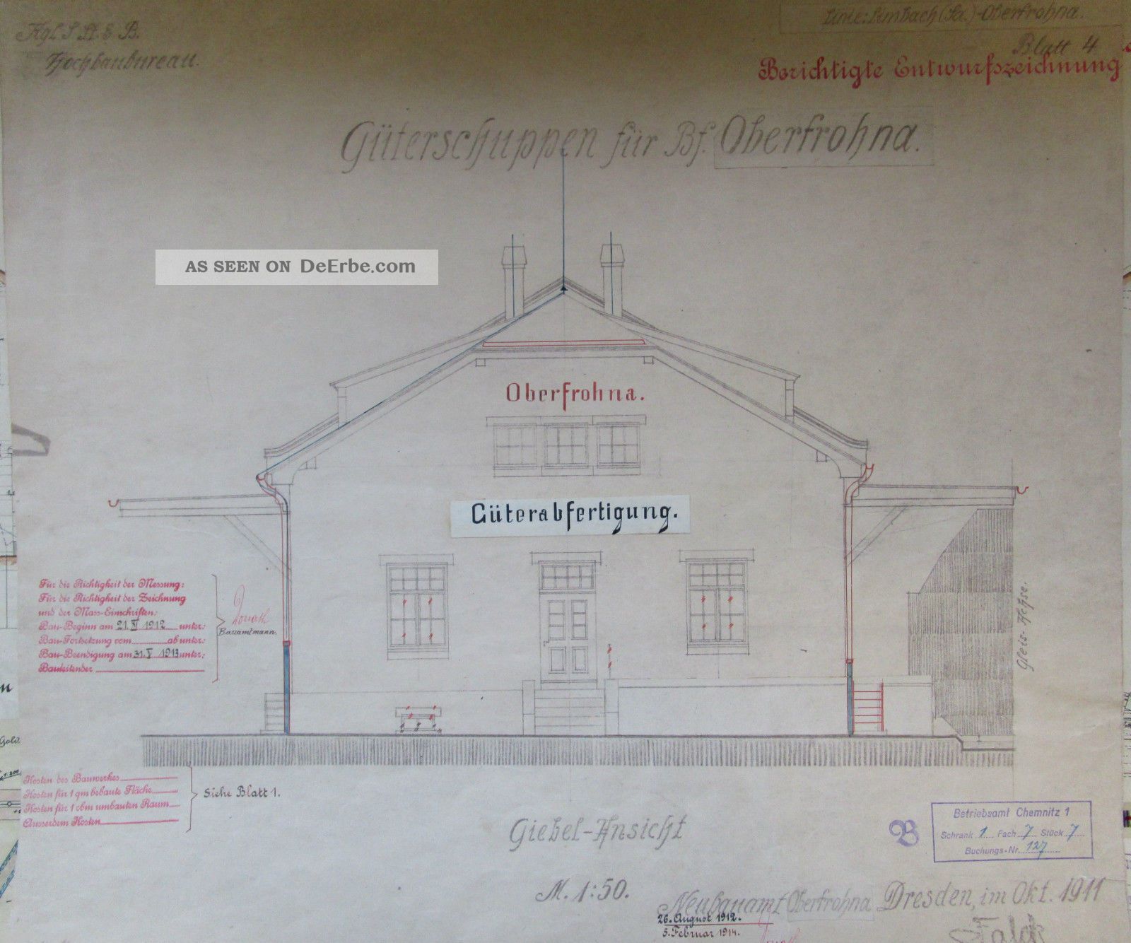 Uralt Plan Grund - Riss Zeichnung Bahnhof Oberfrohna Linie Limbach Eisenbahn 1911 Alte Berufe Bild