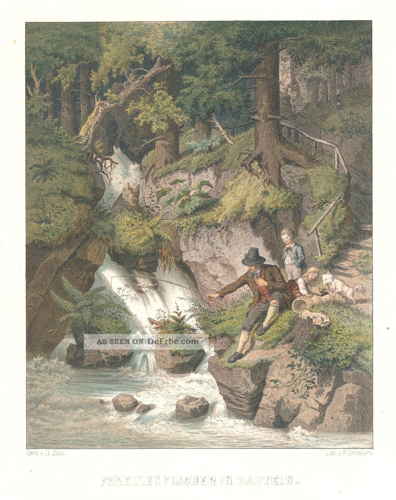 Forellenfischer,  Bad Gastein,  Kolorierte Lithographie,  Ca.  1860 Alte Berufe Bild