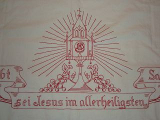 Große Antike Altardecke Mit.  Spitzen,  Handarbeit,  Leinen,  Rote Stickerei Bild