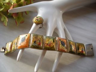 Einzigartiges Perlmutt Armband Und Ring Miniaturmalerei Persien Um 1900 Rar Bild