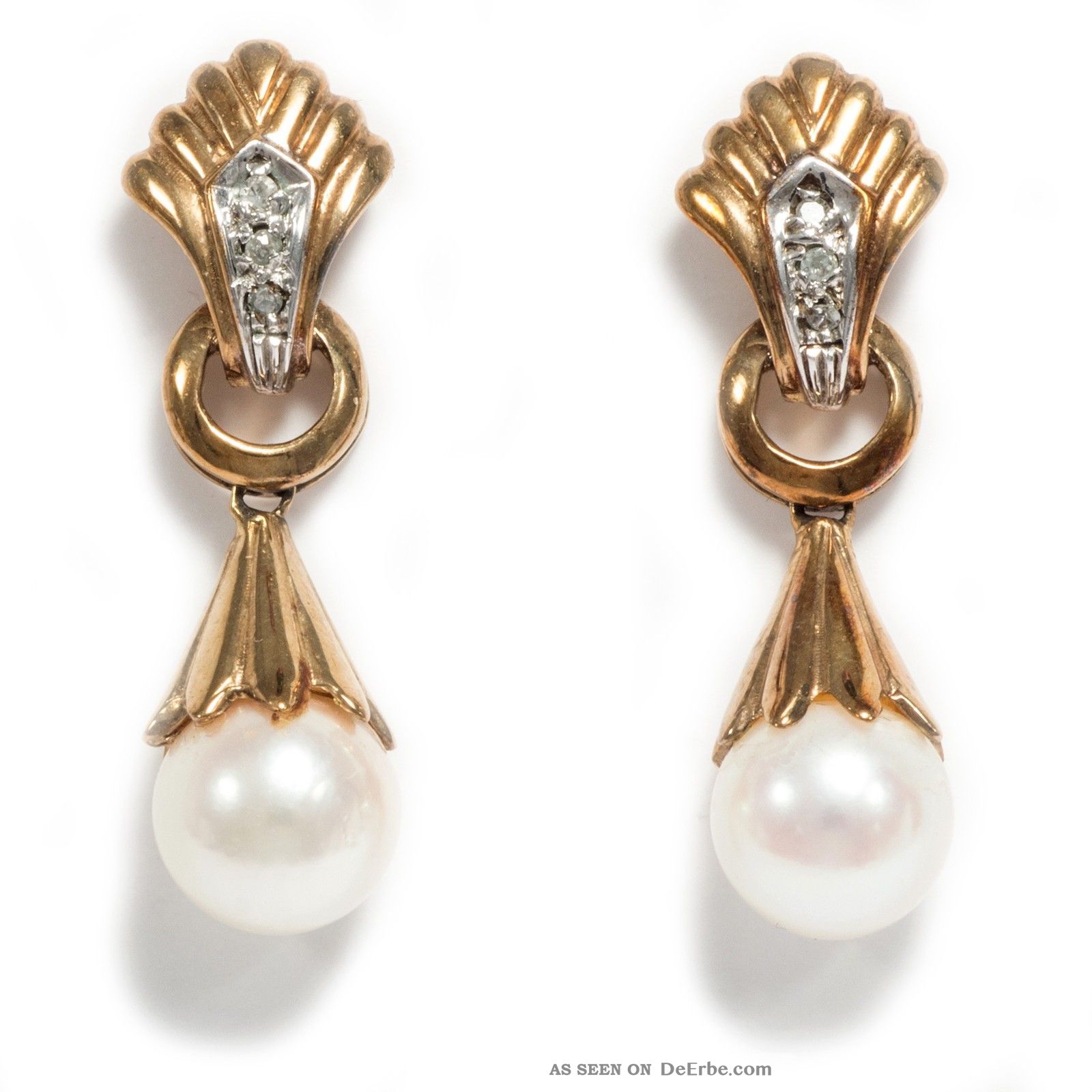 Schöne Vintage Ohrhänger Aus 333er Gold, Perlen & Diamanten, Perle Ohrringe
