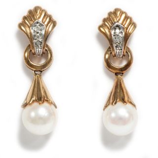 Schöne Vintage Ohrhänger Aus 333er Gold,  Perlen & Diamanten,  Perle Ohrringe Bild