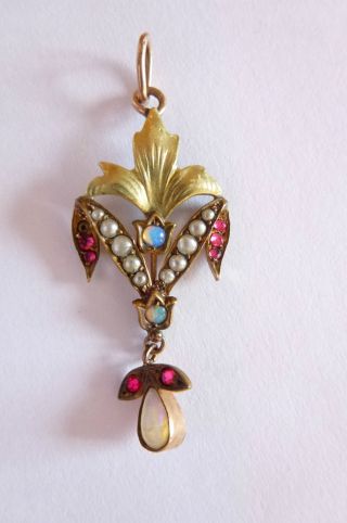 Top Rarität Jugendstil Art Nouveau Anhänger Gold 585 Rubine Perlen Opale Bild