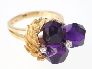 Vintage Handwerkliche Kunst 18 K / 750 Gelb Gold Amethyst Diamant Blumen Ring Bild