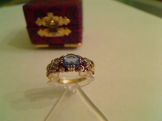 Damenring - Gold 585 - Echter Hellblauer Saphir U.  2 Altschliffdiamanten - Sammlerstück Bild