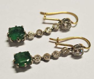 Ohrringe Hänger 1 Ct Solitär Altschliff Diamant - Smaragd Art Deco Antik Gold 585 Bild