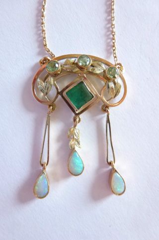 Jugendstil Art Nouveau Anhänger Collier Gold 585 Turmalin Smaragd Und Opale Bild