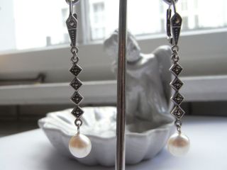 Romantische Alte 835 Silber Ohrringe Mit Markasit Und Perle - Silberohrringe Bild