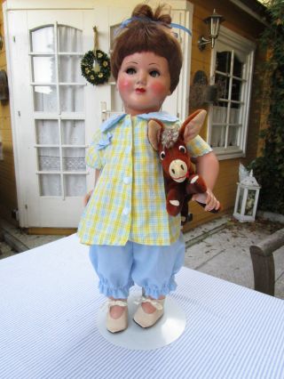Diamant Puppe Doll Hübsches Mädchen Schelmenaugen Alt Antik 50er Mit Altem Esel Bild