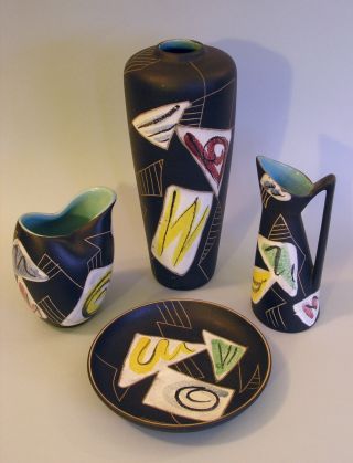 Ruscha Keramik Sammlung 4 Objekte Dekor Marocco (3x Vase,  1x Teller) 50er Jahre Bild