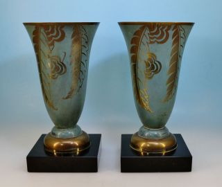 Paar Art Deco Wmf Ikora Metall Vasen Mit Marmor Sockel Bild