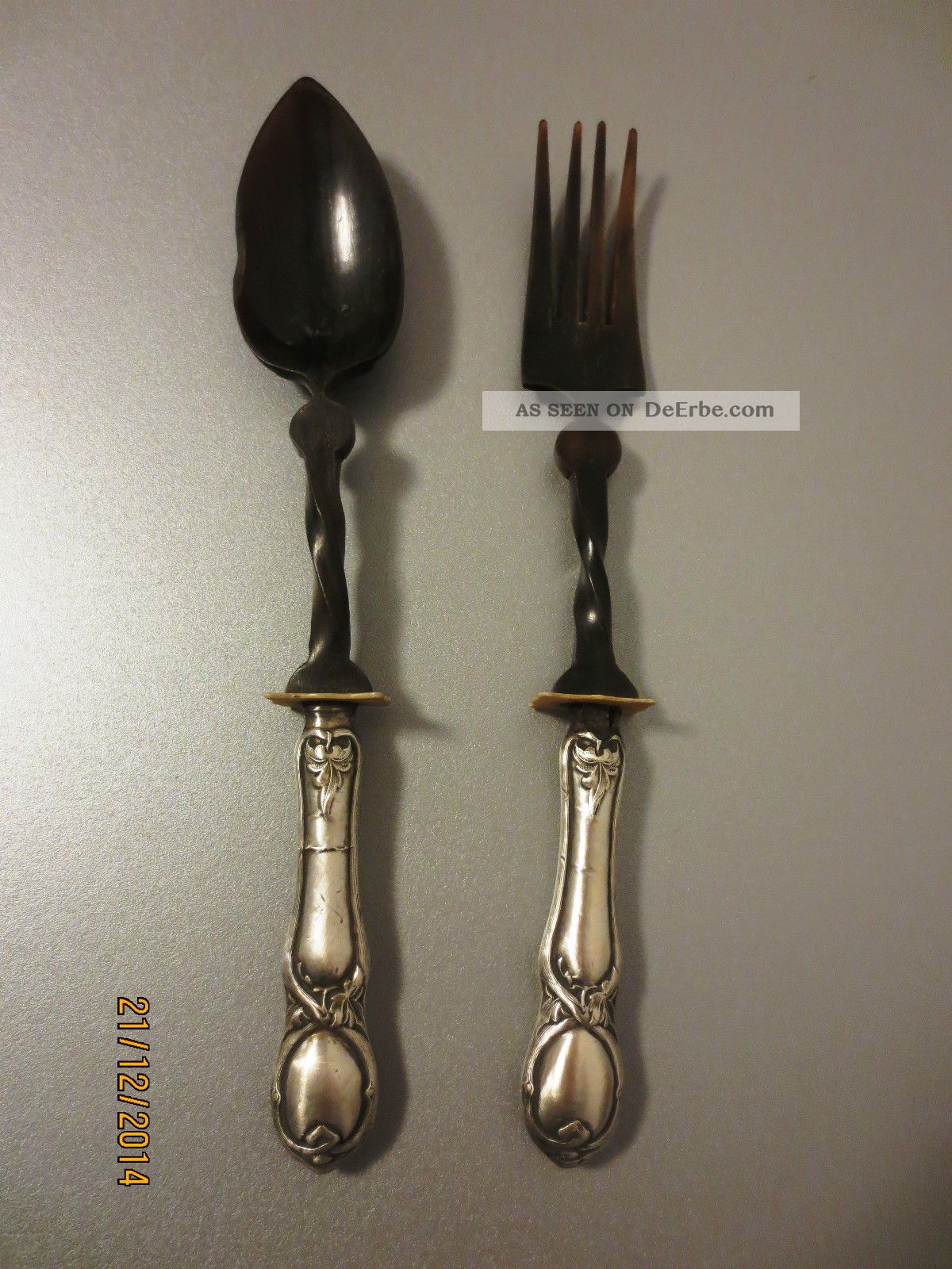 Antikes Salatbesteck Aus Horn Mit Silberüberzug,  Vermutl.  Um 1890 Jugendstil Objekte vor 1945 Bild