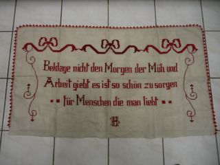 Altes Besticktes Spruch - Tuch Decke Um 1900 - 1920 ?? Bild