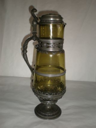 Jugendstil Glas Krug Schankkrug Um 1900 Weinkrug Mit Zinnmontur Engelskopf Putte Bild