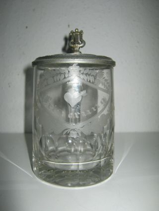 Glas Bierkrug Biedermeier 1840 Eichenlaub U.  Lyra Dekor Auf Zinndeckel Bild