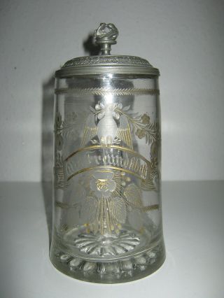 Glas Bierkrug Biedermeier 1820 Aus Freundschaft,  Tauben U.  J.  P.  Auf Zinndeckel Bild