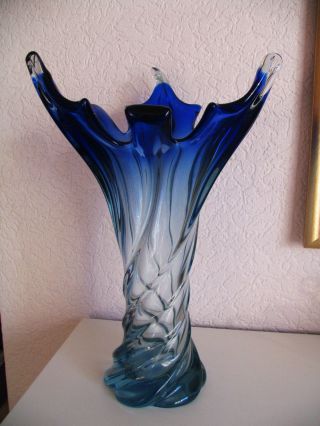 Murano Glas Seguso Vase Zipfelvase Art Deco Italy Glass Deco Blau Gedreht 29cm Bild