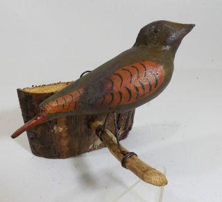 Holzvogel Auf Baumscheibe,  Antik - Schnitzarbeit,  Handbemalt - Sammlerstück Bild