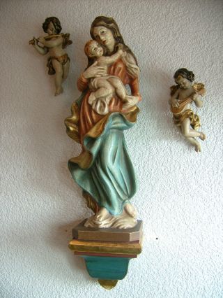 Madonna Mit Kind Und Zwei Engel Holzfigur Handgeschnitzt 52 Cm. Bild