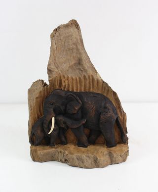 Elefantenfamilie Elefant Holz Baumstamm Statur Deko Teak Relief Skulptur Nr.  16 Bild