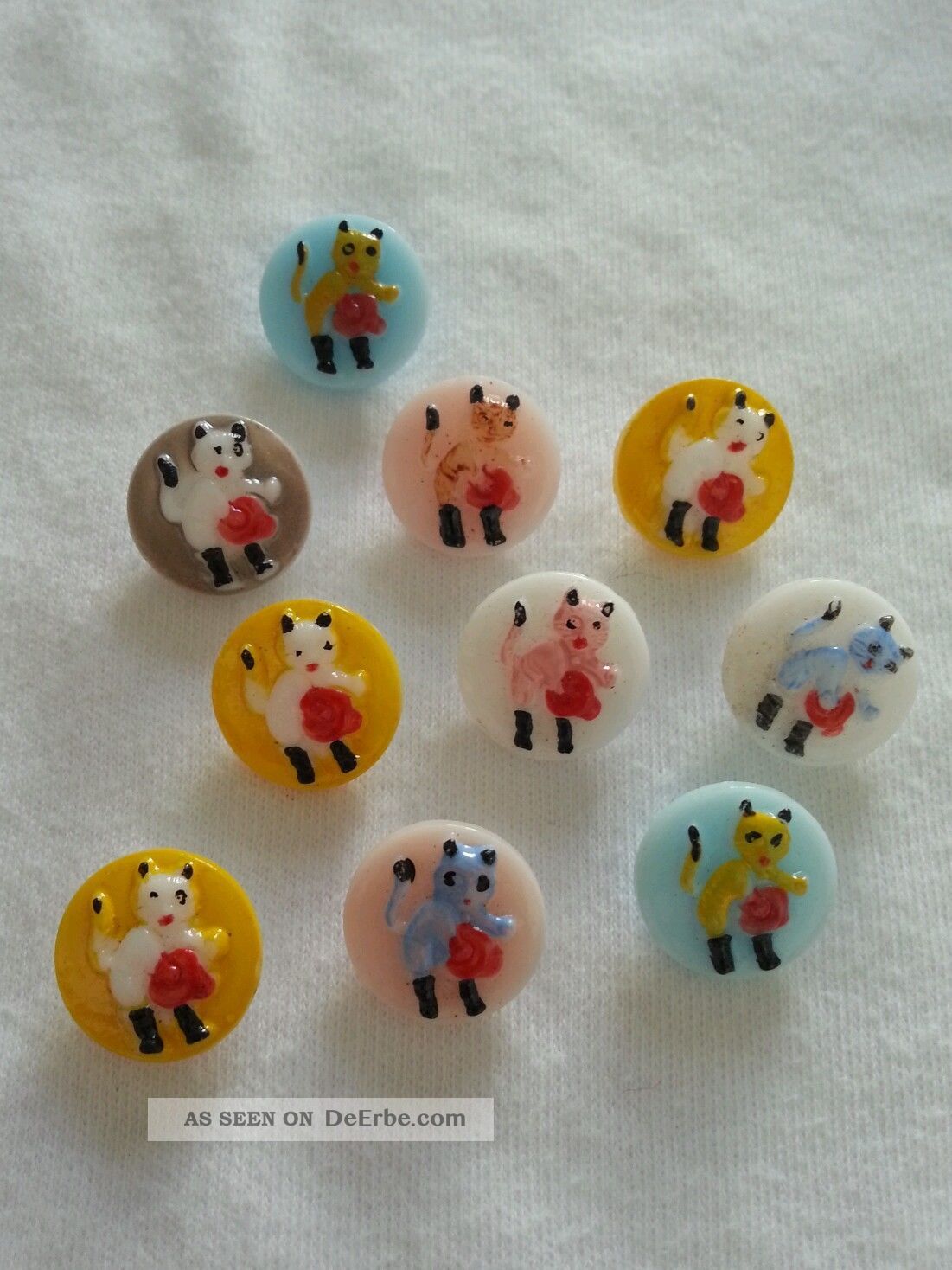 ♥alte Handbemalte Glasknöpfe Kinderknöpfe Katzen Bunt 10 Stück Durchm 14 Mm♥ Nähutensilien Bild