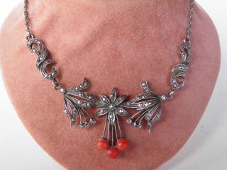 Alte Kette Halskette Collier Silber 835 Markasiten Koralle Bild