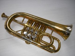 Sehr Alte Kornett - Trompete Mit Seltenem Ventilsystem Bild