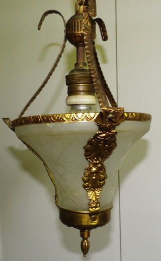 Nachlaß Antike Plafoniere Deckenlampe Leuchte Lampe Aus Messing Glas Mit Muster Bild