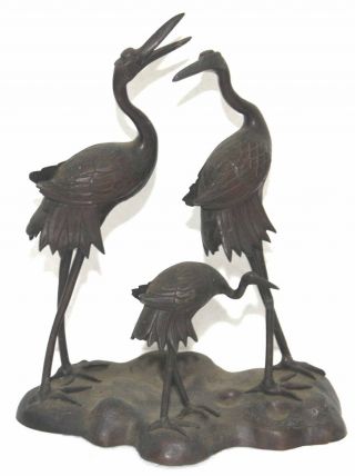 Bronzefigur Kraniche Paar Mit Jungem Japan Um 1920 Glücksvogel Bild