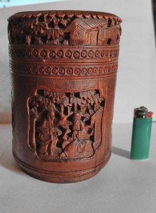 Alte (antike) Holzbox Zylinder Mit Filigranen Schnitzereien 16 Cm Mit Deckel Bild