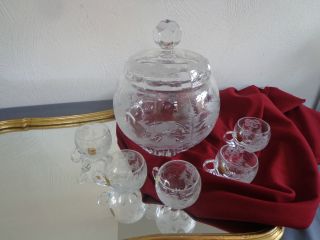 Joska Waldglashütte Bodenmais Bowle,  5 Gläser M.  Schliff Jagdmotiv Bleikristall Bild