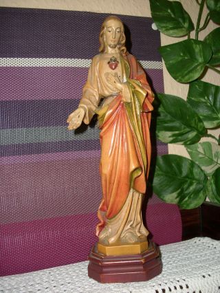 Holzfigur - Heiligenfigur - Jesus - Christus - Flammendes Herz - Südtirol - Bunt Geschnitzt Bild