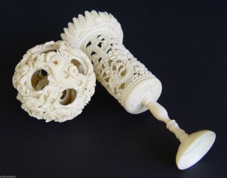 Filigrane Antike Beinarbeit Wunderkugel Auf Sockel,  Asien,  Drachen Schnitzerei Bild