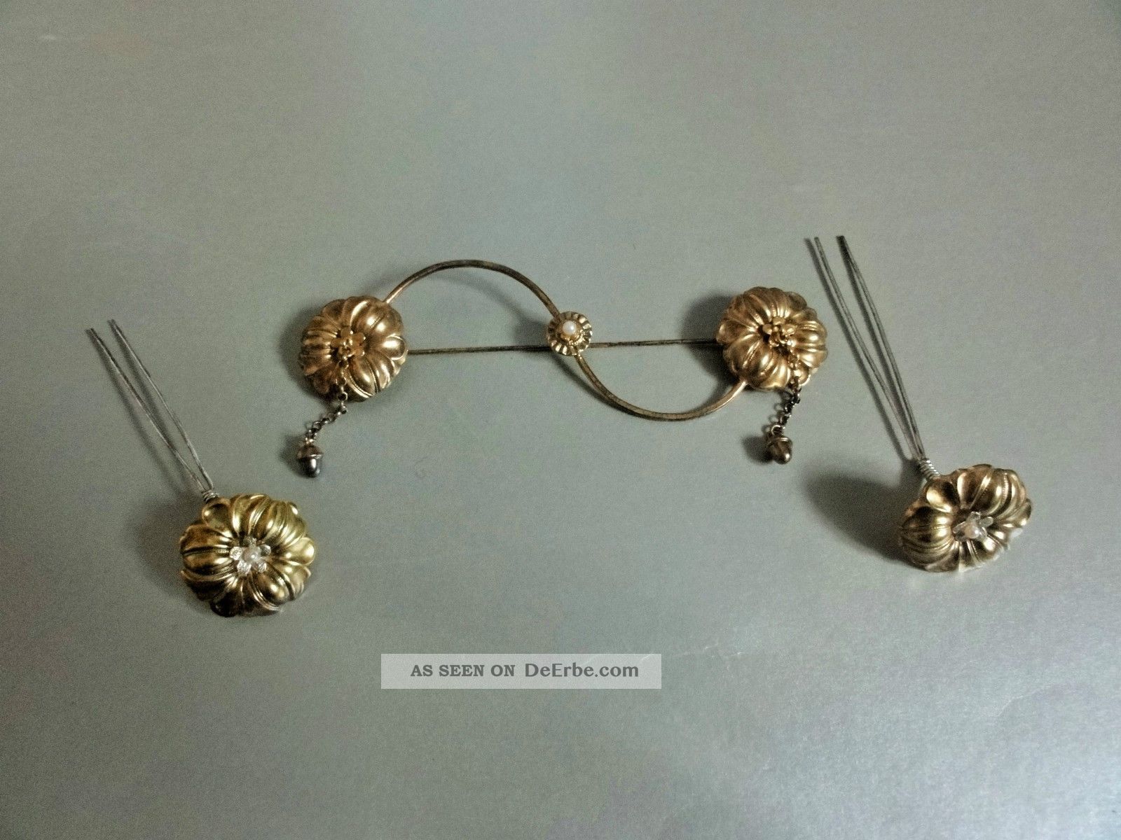 Brosche (verschluss - Nadel) Und 2 Haarnadeln,  Silber Vergoldet Volkskunst Bild