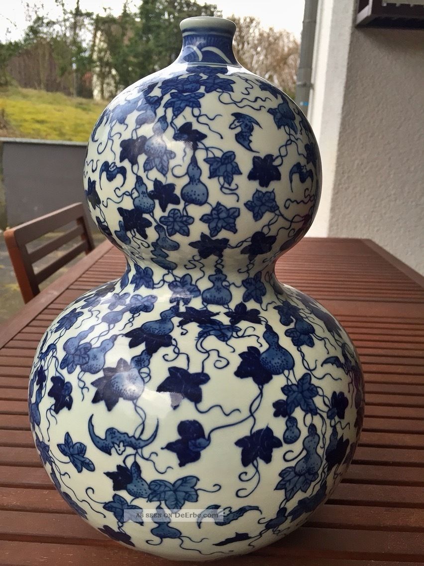 Chinesische Vase Blau - Weiß Porzellan Mingvase Kürbisform Chinavase Ming Kalligra Entstehungszeit nach 1945 Bild