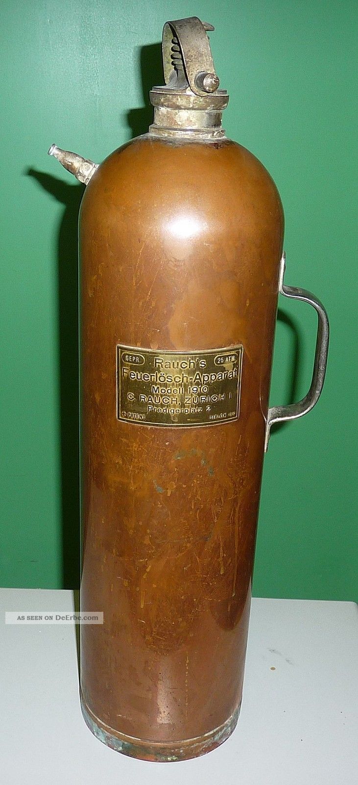 Antiker Feuerlöscher Kupfer Rauch Zürich Modell 1910 Mit Halterung Alte Berufe Bild