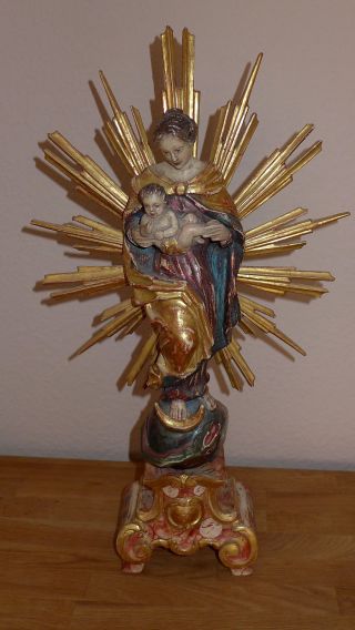 3 Figuren Holz Um 1880 Leuchter - Engel Mutter Gottes Maria Jesu Heiligenschein Bild