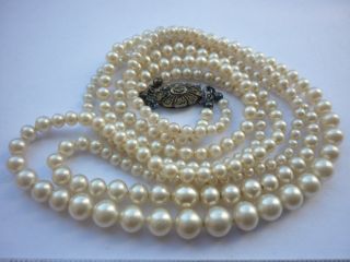 Alte Echte Perlenkette 44 Cm 2 - Reihig,  Silber 900 Schließe Bild